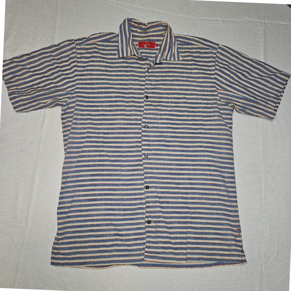 Arturo Calle Mens Blue Striped Short Sleeve Button Up Shirt Medium 100% cotton